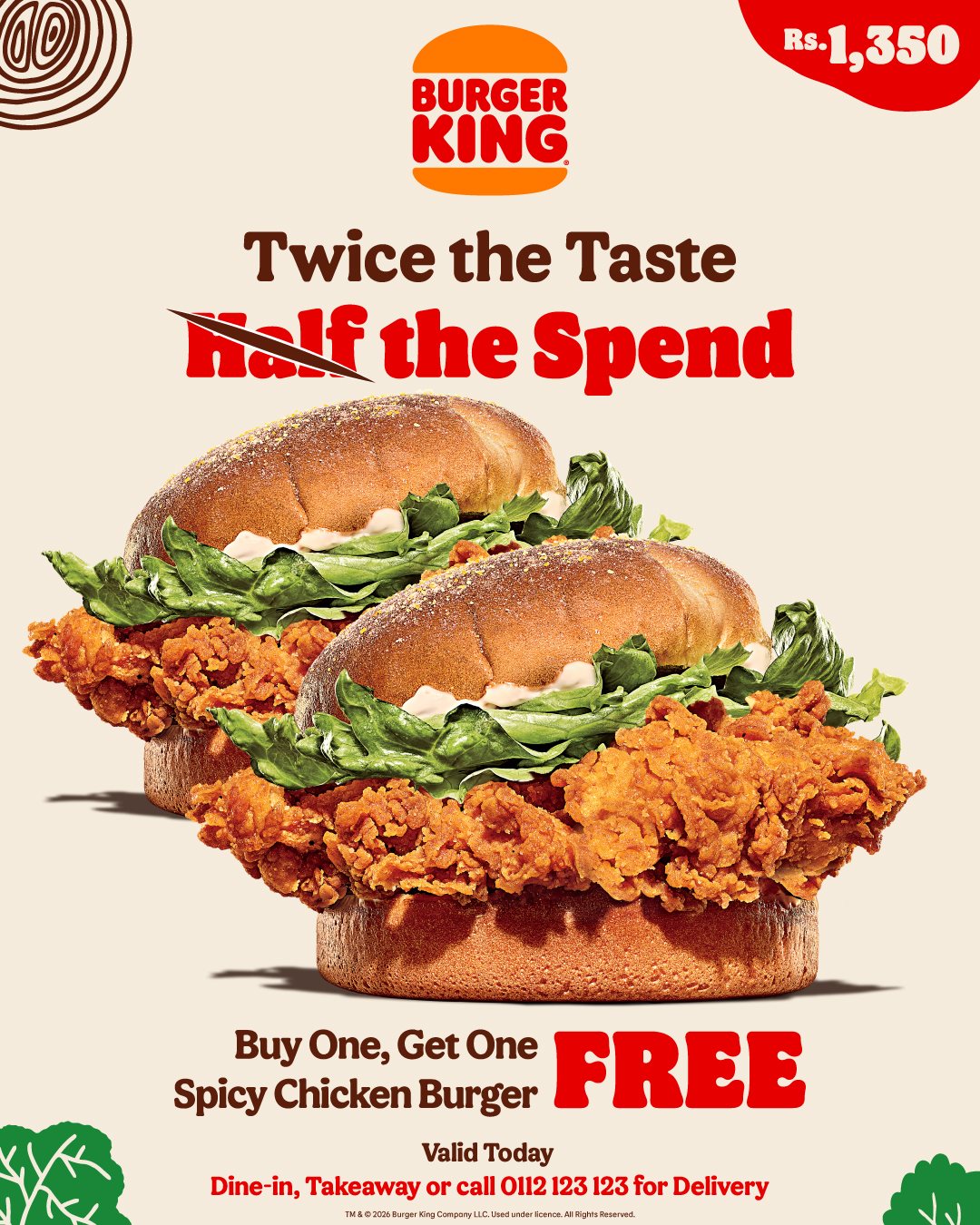 Buy One Get One FREE on Spicy Chicken Burgers this Wednesday! Just Rs. 1,350/- photo 1