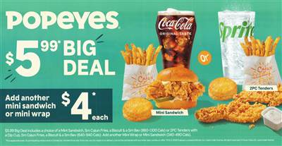 Popeyes Canada $5.99 Big Deal – Mini Sandwich/Tenders Combo + Fries, Biscuit & Drink