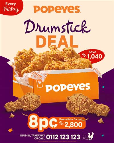 Popeyes Sri Lanka: Every Friday, Buy 4, Get 4 FREE for just Rs. 2,800 and save big on your favourites.